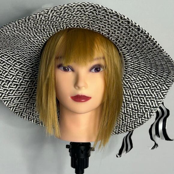 Black White Wide Brim Derby Hat Floral Feather Church Tea  display picture 3